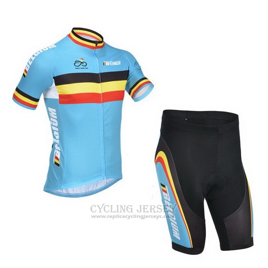 2013 Cycling Jersey Belgium Light Blue and Black Short Sleeve and Bib Short